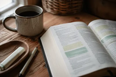 Highlighted Bible Study on Rustic Wooden Table