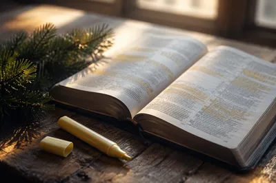 Highlighted Bible Study With Evergreen Branch