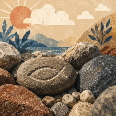 Carved Ichthys Stone in Warm Sunlight