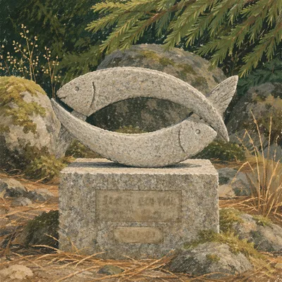 Ichthys Fish Stone Sculpture in Evergreen Garden