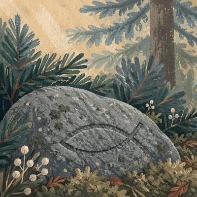 Ancient Ichthys Carving Among Evergreen Moss
