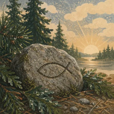 Ancient Ichthys Stone in Evergreen Forest