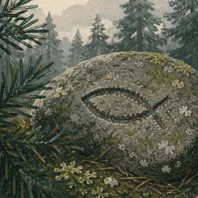 Ancient Ichthys Carving in Evergreen Grove