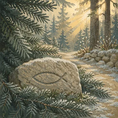 Carved Ichthys Stone Among Frosted Evergreens