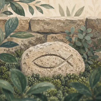 Ichthys Carving on Weathered Garden Stone