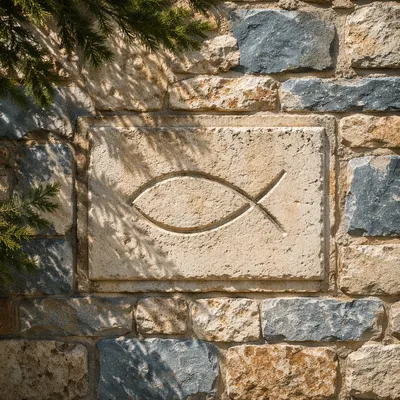 Carved Ichthys Symbol on Weathered Limestone