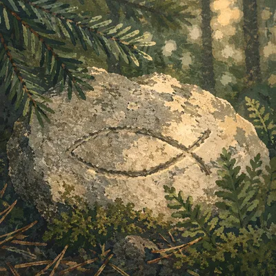 Ancient Ichthys Carving on Evergreen Forest Stone