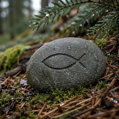 Ichthys Symbol Carved Stone in Evergreen Moss
