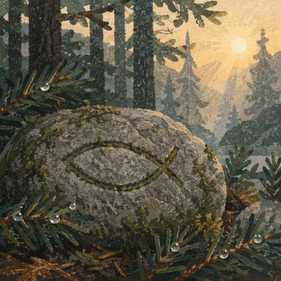 Carved Ichthys Stone Among Evergreen Branches