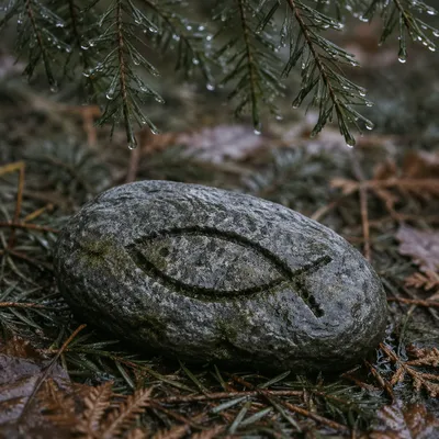 Ichthys Carved Stone Among Evergreen Needles