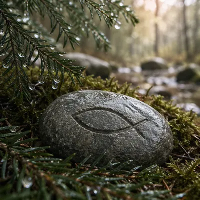 Carved Ichthys Stone on Evergreen Forest Floor
