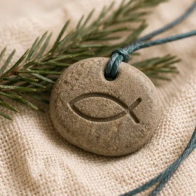 Carved Ichthys Stone Pendant with Evergreen
