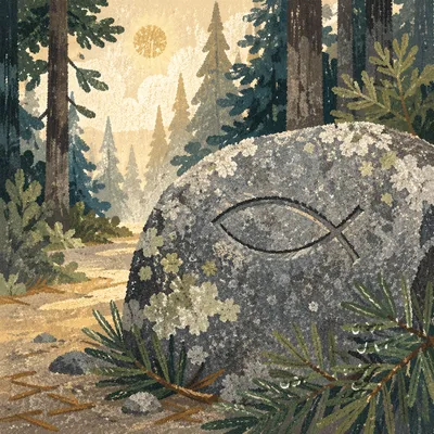 Carved Ichthys Stone Beside Evergreen Path
