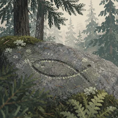 Carved Ichthys Stone in Evergreen Mist