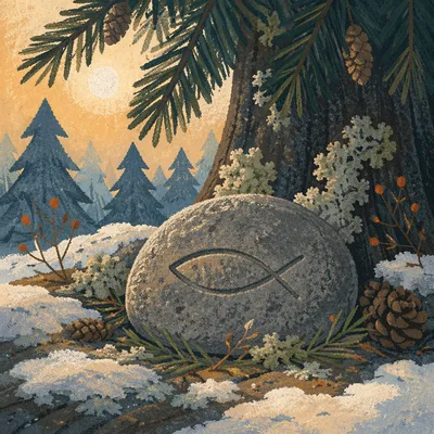 Carved Ichthys Stone in Evergreen Snow