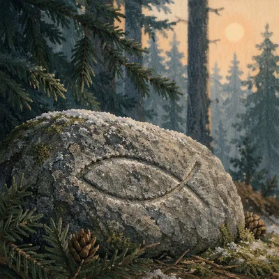 Frosted Ichthys Carving in Evergreen Forest