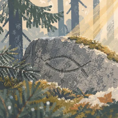 Ancient Ichthys Carving Among Evergreen Moss