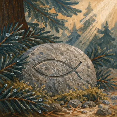 Ancient Ichthys Stone Among Evergreen Needles