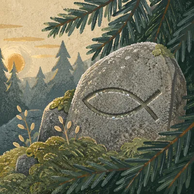 Carved Ichthys Stone in Evergreen Woodland