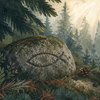 Ancient Ichthys Stone in Evergreen Forest