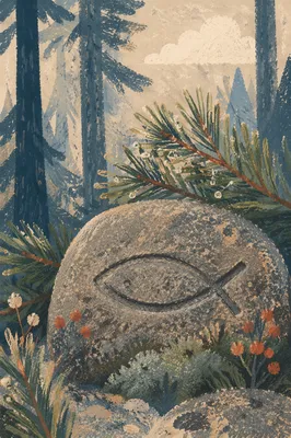 Ancient Ichthys Carving Among Evergreen Moss