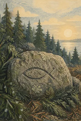 Ancient Ichthys Stone in Evergreen Forest