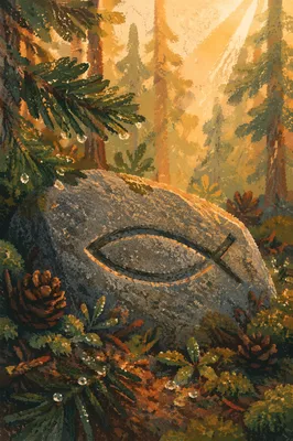 Carved Ichthys Stone in Evergreen Woodland