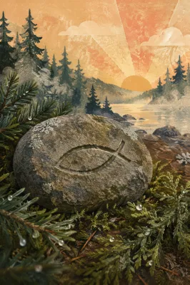 Carved Ichthys Stone on Evergreen Forest Floor