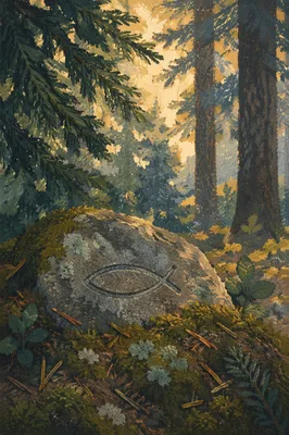 Ancient Ichthys Carving in Evergreen Moss