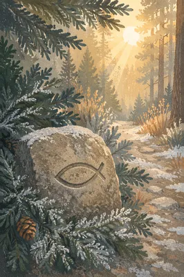 Carved Ichthys Stone Among Frosted Evergreens