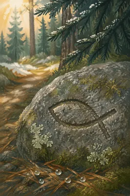 Carved Ichthys Stone on Evergreen Path