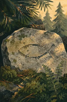 Ancient Ichthys Carving on Evergreen Forest Stone