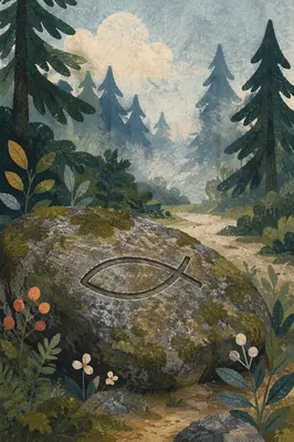 Ichthys Carving on Mossy Woodland Stone
