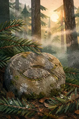 Carved Ichthys Stone Among Evergreen Branches