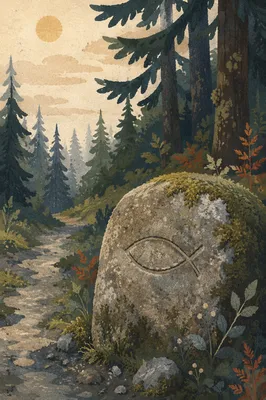 Ancient Ichthys Stone Beside Evergreen Path