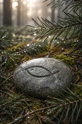 Carved Ichthys Stone on Evergreen Moss