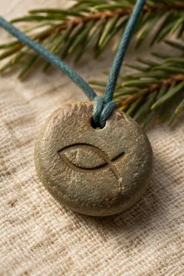Carved Ichthys Stone Pendant with Evergreen