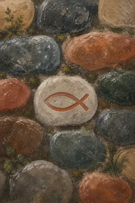 Carved Ichthys on Rain-Damp River Stone