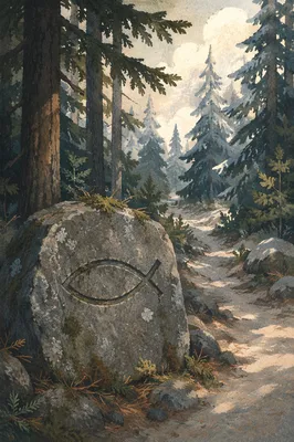 Ancient Ichthys Carving on Forest Stone