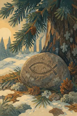 Carved Ichthys Stone Beneath Evergreen Branches