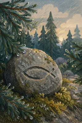 Ichthys Carved Stone in Evergreen Woodland