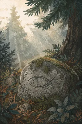 Ancient Ichthys Stone in Evergreen Forest