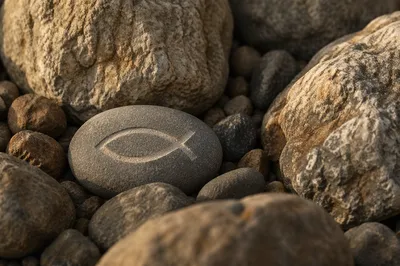 Carved Ichthys Stone in Warm Sunlight