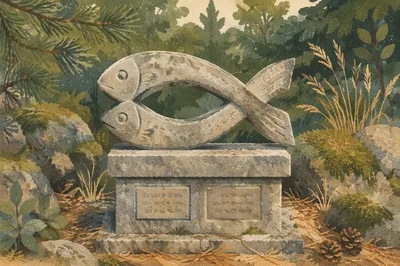 Weathered Ichthys Stone in Evergreen Garden