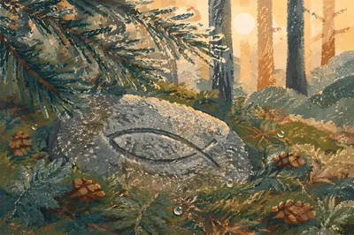 Carved Ichthys Stone in Evergreen Woodland