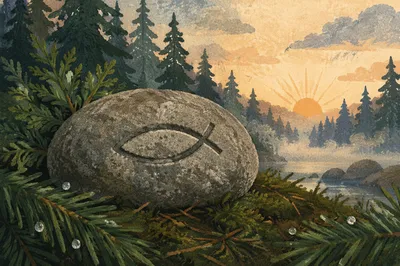 Carved Ichthys Stone on Evergreen Forest Floor