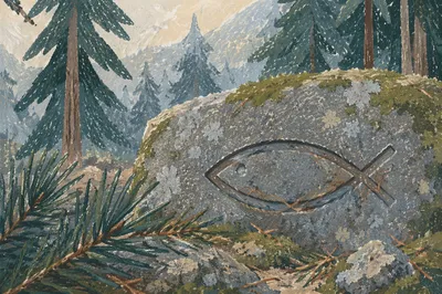 Ancient Ichthys Carving in Evergreen Grove
