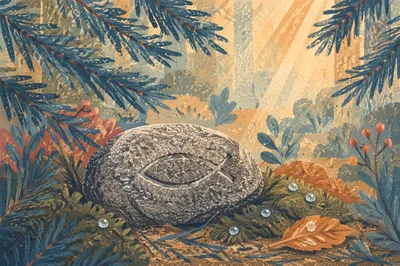 Ancient Ichthys Stone Among Evergreen Needles