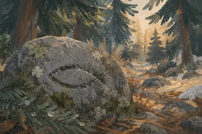 Ichthys Carving on Mossy Evergreen Stone
