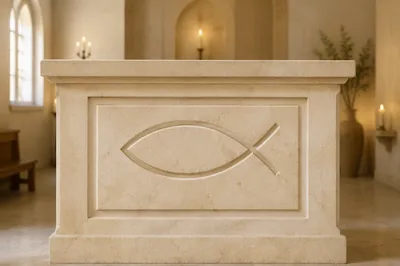 Ancient Ichthys Carving on Chapel Stone Altar
